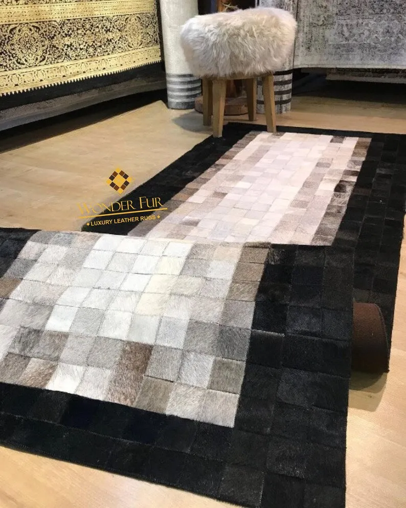 Luxury Hallway Runner Rug with Black Border, Natural Handmade Cowhide Rug