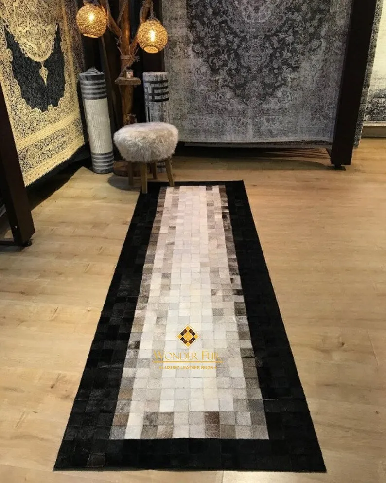 Luxury Hallway Runner Rug with Black Border, Natural Handmade Cowhide Rug