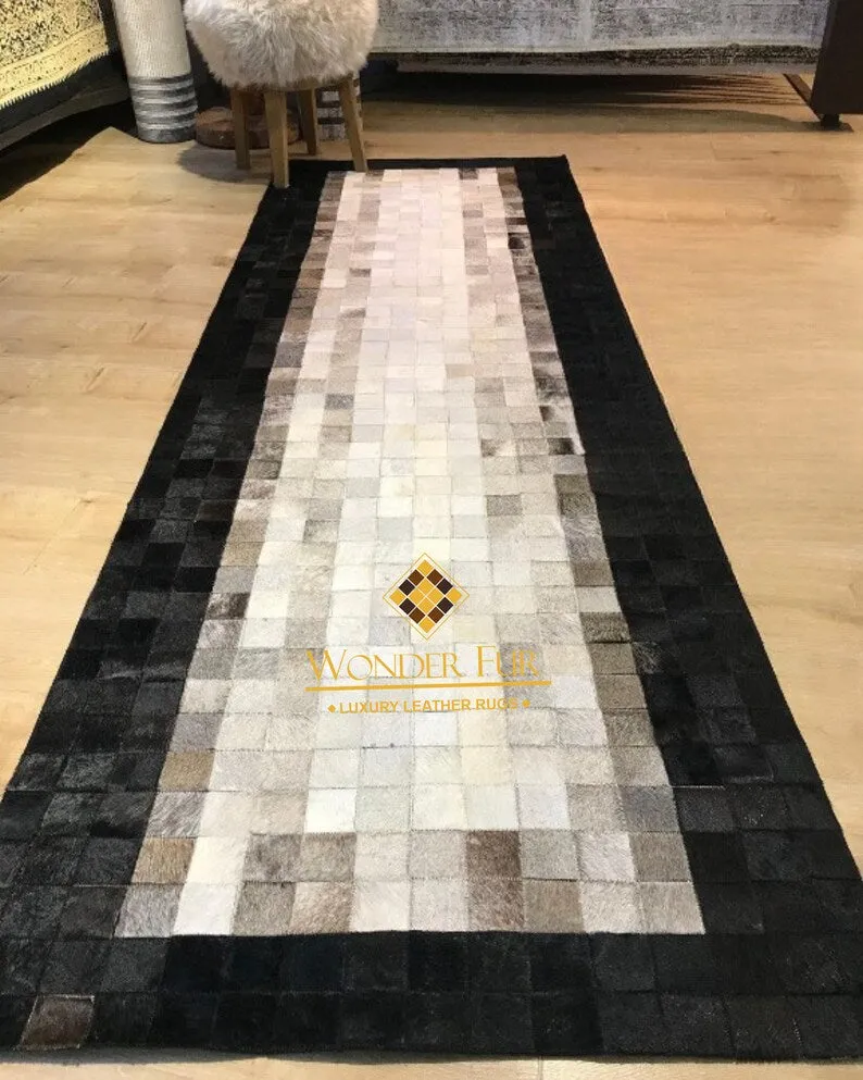 Luxury Hallway Runner Rug with Black Border, Natural Handmade Cowhide Rug