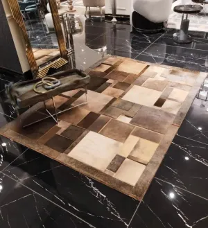 Luxury Tricolor Cowhide Patchwork Rug for Living Room Decor, Natural Handmade Cowhide Are Rug