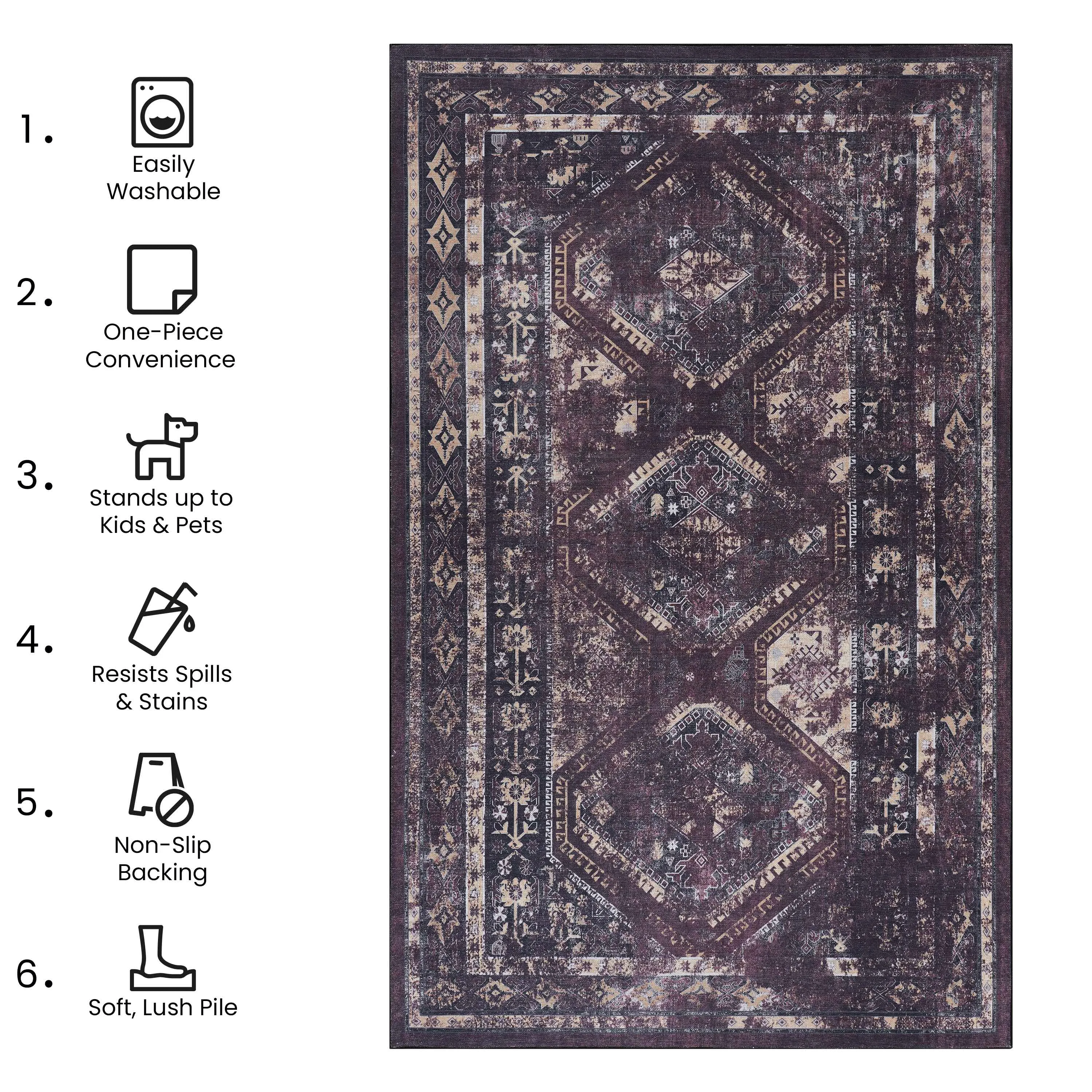 Naar 2x3 Machine Washable Area Rugs, Low-Pile, Non-Slip, Non-Shedding, Foldable, Kid & Pet Friendly, Area Rugs for living room, bedroom, kitchen, dining room rug - Perfect Gifts, (Black Burgundy, 2x3)