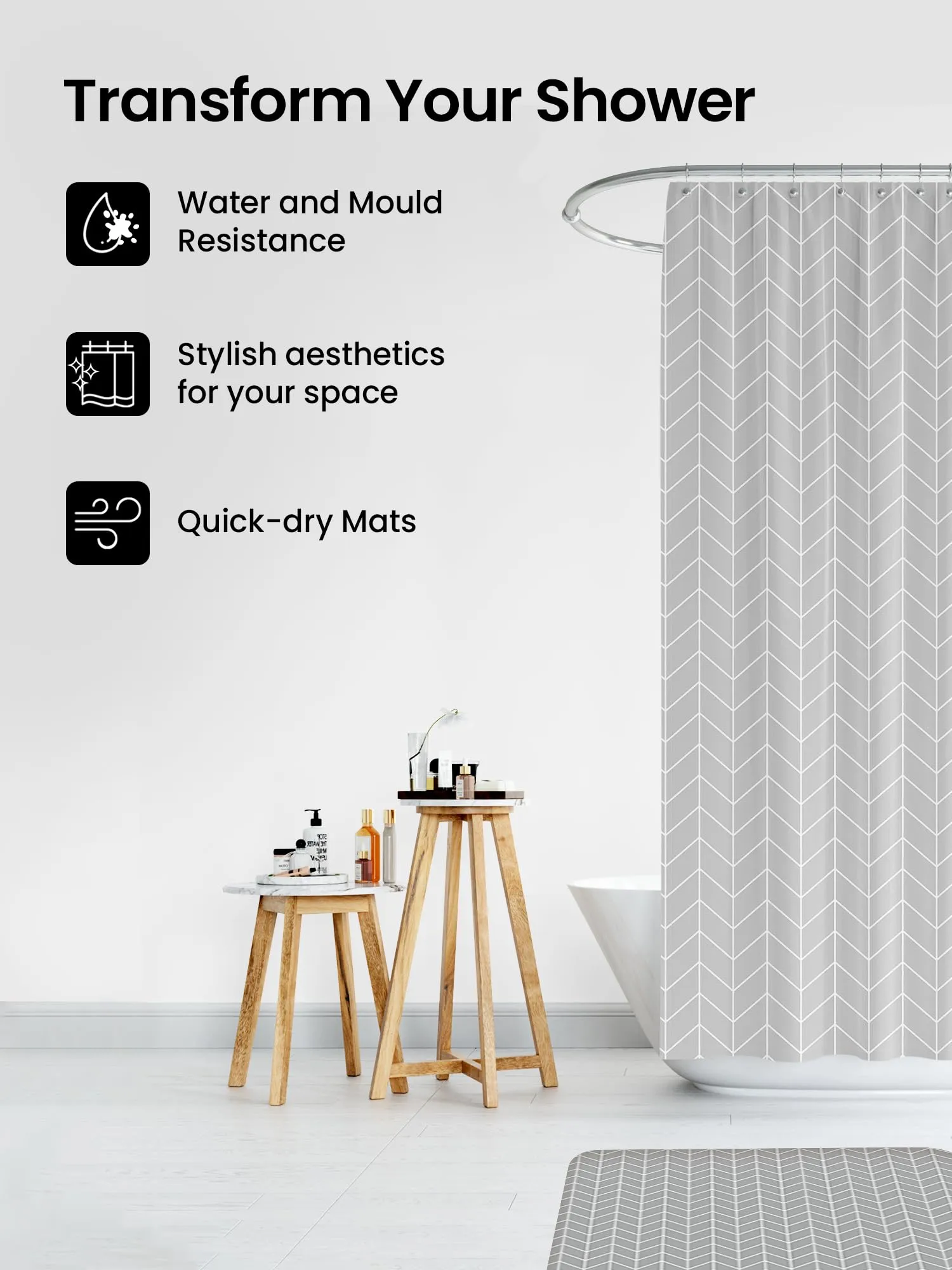 SAVYA HOME Shower Curtain (1) & Bathroom Mat (2) Set, Shower Curtains for Bathroom I, Waterproof Fabric I Anti Skid Mat for Bathroom Floor I White Grey Zig Zag, Pack of 3