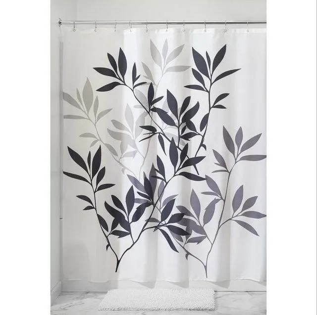 Simple 100% Polyester Shower Curtains 180x180cm Black Leaves Printed Waterproof Hooks Bathroom Curtains Home Decoration