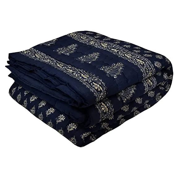 SK STORE 240 TC Single Bed Organic Cotton Jaipuri Razai Bed Blanket Ac Quilt for Winter Soft Lightweight Rajasthani Traditional Rajai Cotton Comforter,55 x 85 inch (Blue Dai Gold, Set of 2)