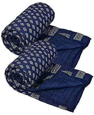 SK STORE 240 TC Single Bed Organic Cotton Jaipuri Razai Bed Blanket Ac Quilt for Winter Soft Lightweight Rajasthani Traditional Rajai Cotton Comforter,55 x 85 inch (Blue Dai Gold, Set of 2)