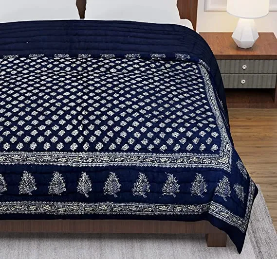 SK STORE 240 TC Single Bed Organic Cotton Jaipuri Razai Bed Blanket Ac Quilt for Winter Soft Lightweight Rajasthani Traditional Rajai Cotton Comforter,55 x 85 inch (Blue Dai Gold, Set of 2)