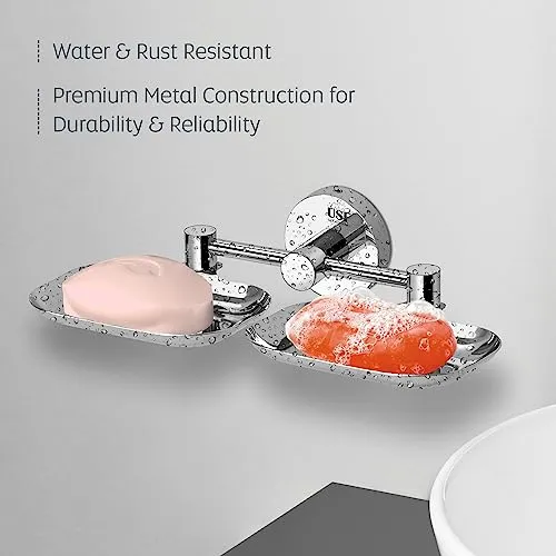 U-S-F BATH ACCESSORIES Premium 304 Grade Stainless Steel Soap Holder - Stylish and Durable Soap Dish for Bathroom, Dual Soap Tray with Modern Design (Chrome Finish, Pack of 1)