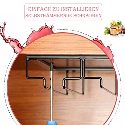 Wine Glass Rack Under Cabinet - Stemware Holder Metal Wine Glass Organizer Glasses Storage Hanger for Bar Kitchen Black 4 Rows