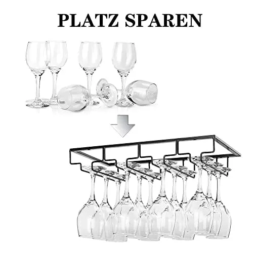 Wine Glass Rack Under Cabinet - Stemware Holder Metal Wine Glass Organizer Glasses Storage Hanger for Bar Kitchen Black 4 Rows